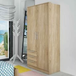 Armoire Ramos 80cm Avec 2 Portes & 3 Tiroirs - ChĂȘne