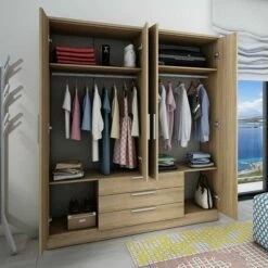 Armoire Ramos 160cm Avec 4 Portes & 3 Tiroirs - Chêne -EMOB-MEUBLES Ventes 1021ROBLE 002 7595