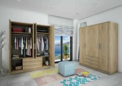 Armoire Ramos 160cm Avec 4 Portes & 3 Tiroirs - Chêne -EMOB-MEUBLES Ventes 1021ROBLE 003 387c