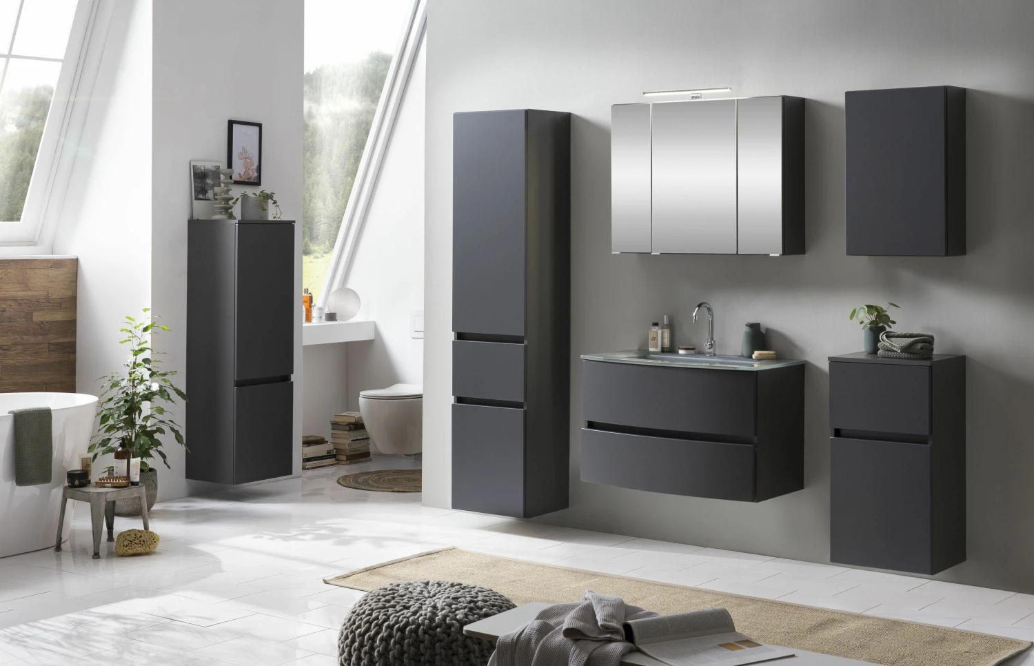 Armoire De Toilette Kornel/Luna 80cm 3 Portes & éclairage LED - Gris Graphite 2 Armoire De Toilette Kornel/Luna 80cm 3 Portes & éclairage LED - Gris Graphite – Image 2
