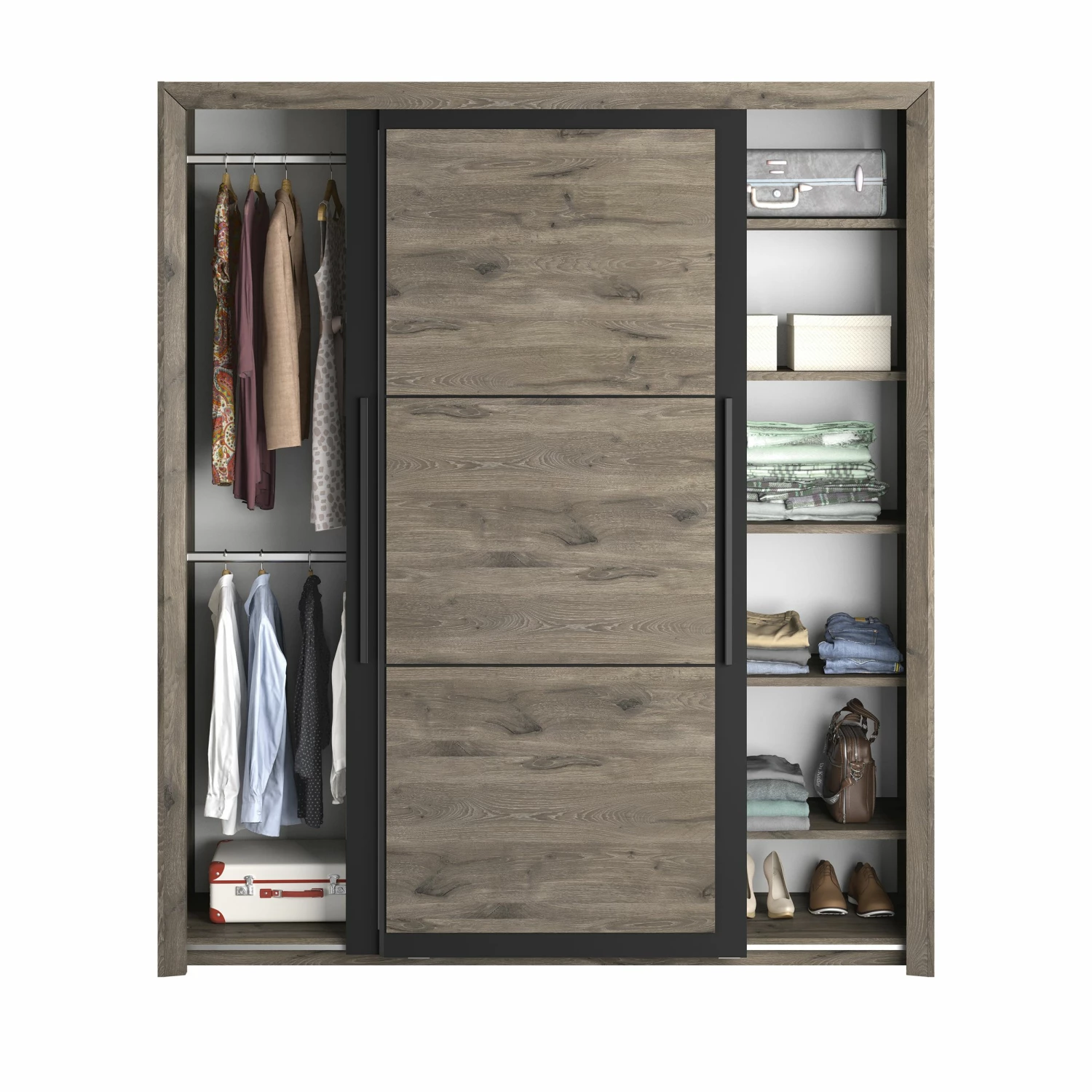 Armoire East Avec 2 Portes Coulissantes Et Miroir - Chêne Foncé 4 Armoire East Avec 2 Portes Coulissantes Et Miroir - Chêne Foncé – Image 4