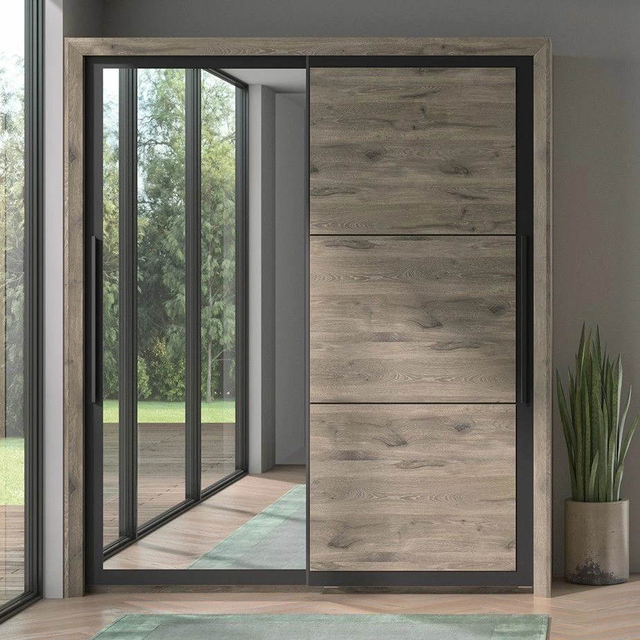 Armoire East Avec 2 Portes Coulissantes Et Miroir - Chêne Foncé 1 Armoire East Avec 2 Portes Coulissantes Et Miroir - Chêne Foncé