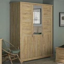 Armoire Wanda 170 Cm 3 Portes & Miroir - Châtaignier Marron