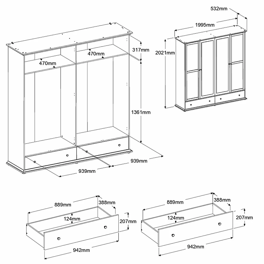 Armoire Morgane 199cm Avec 4 Portes & Miroir - Gris 4 Armoire Morgane 199cm Avec 4 Portes & Miroir - Gris – Image 4