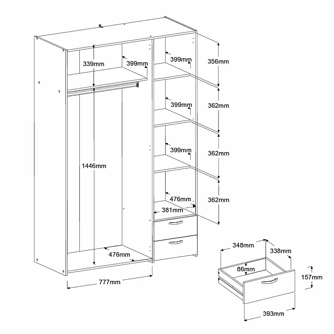 Armoire De Rangement Salvador Miroir, 3 Portes & 2 Tiroirs - Blanc 3 Armoire De Rangement Salvador Miroir, 3 Portes & 2 Tiroirs - Blanc – Image 3