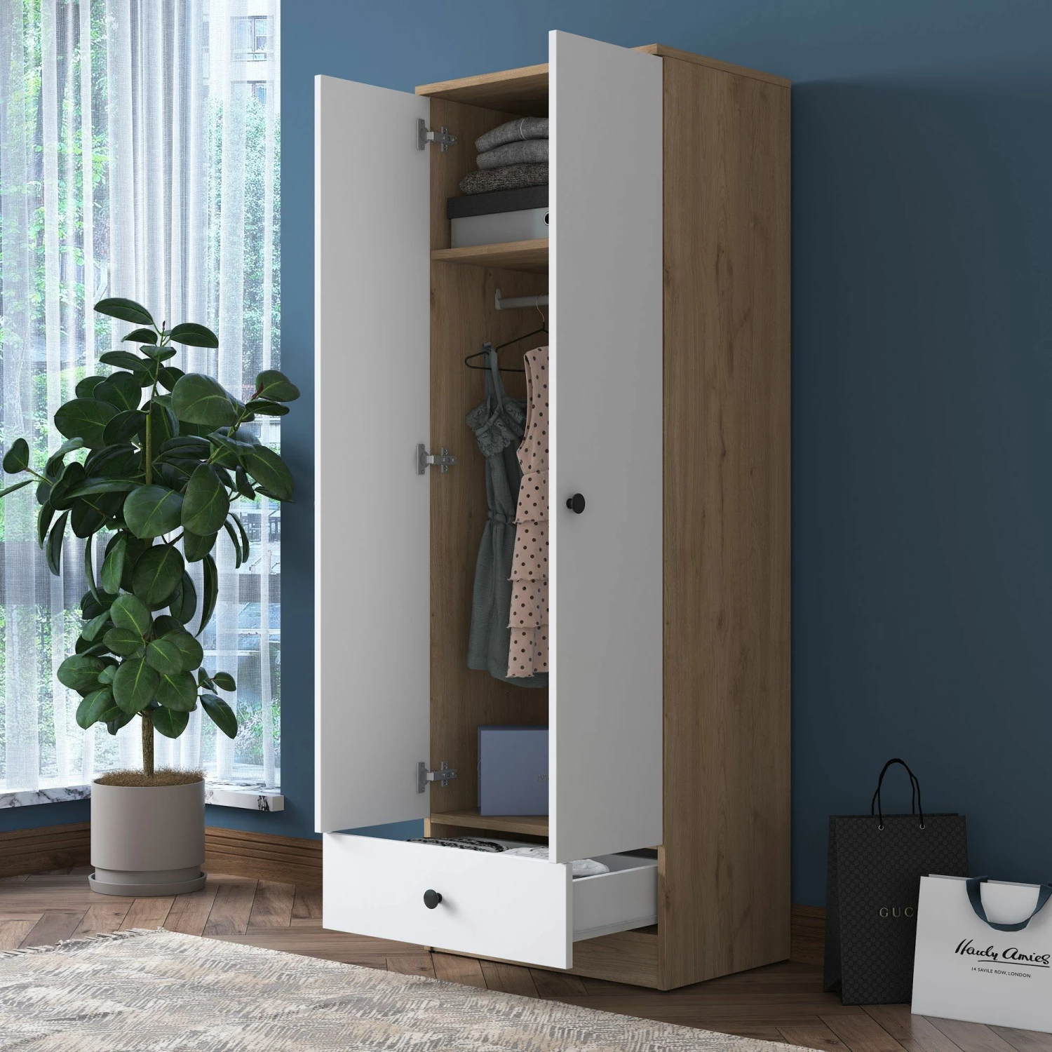 Armoire Locelso - 100% Mélaminé - Noyer Blanc 6 Armoire Locelso - 100% Mélaminé - Noyer Blanc – Image 6