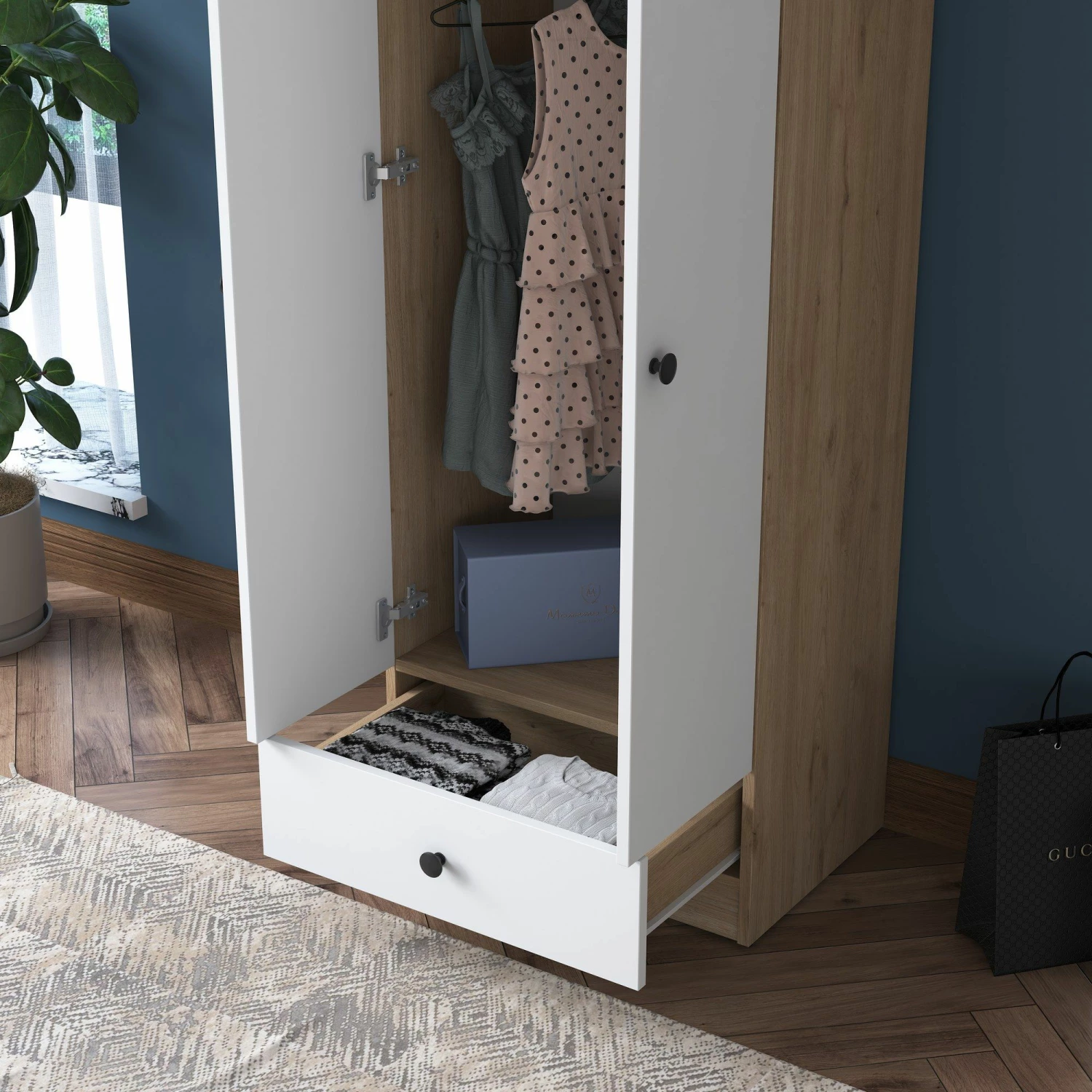 Armoire Locelso - 100% Mélaminé - Noyer Blanc 5 Armoire Locelso - 100% Mélaminé - Noyer Blanc – Image 5