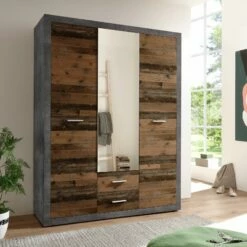 Armoire à Vêtements Storck 151cm 3 Portes & 2 Tiroirs - Vieux Style/béton