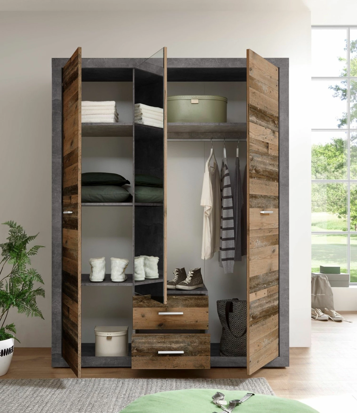 Armoire à Vêtements Storck 151cm 3 Portes & 2 Tiroirs - Vieux Style/béton – Image 6