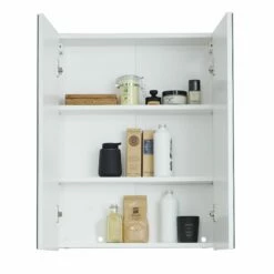 Armoire De Toilette Line : Blanc, Adapté Aux Pièces Humides, 2 Portes, 2 étagères -EMOB-MEUBLES Ventes Line Skin BD 1898 405 01 frontal geoeffnet mit Deko Freisteller 8040