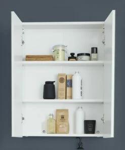 Armoire De Toilette Line : Blanc, Adapté Aux Pièces Humides, 2 Portes, 2 étagères -EMOB-MEUBLES Ventes Line Skin BD 1898 405 01 frontal geoffnet mit Deko b16a