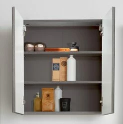 Armoire De Toilette Moderne Et Facile D'entretien - Argent Fumé -EMOB-MEUBLES Ventes Line Skin BD 1898 405 21 frontal geoeffnet mit Deko a054