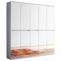 Modern White Melamine Wardrobe Mirror - 10 Doors, 19 Shelves, 2 Rails
