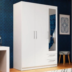 Armoire Rhea, 3 Portes Tournantes, 2 étagères, 1 Tringle Et 2 Tiroirs-blanc