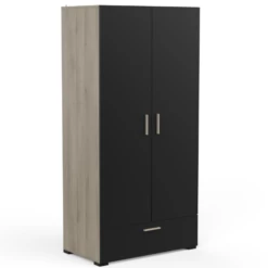 Armoire Liva 2 Portes Tournantes, 1 Tringle, 1 étagère Et 1 Tiroir-chêne Kronberg/noir Mat