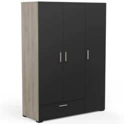 Armoire Livia 3 Portes Tournantes, 1 Tringle, 4 étagères Et 1 Tiroir-chêne Kronberg/noir Mat
