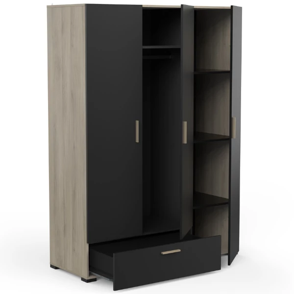 Armoire Livia 3 Portes Tournantes, 1 Tringle, 4 étagères Et 1 Tiroir-chêne Kronberg/noir Mat 4 Armoire Livia 3 Portes Tournantes, 1 Tringle, 4 étagères Et 1 Tiroir-chêne Kronberg/noir Mat – Image 4