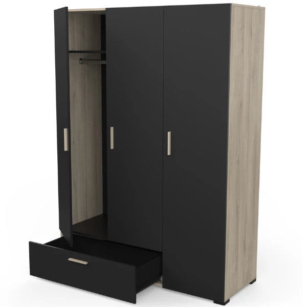 Armoire Livia 3 Portes Tournantes, 1 Tringle, 4 étagères Et 1 Tiroir-chêne Kronberg/noir Mat 3 Armoire Livia 3 Portes Tournantes, 1 Tringle, 4 étagères Et 1 Tiroir-chêne Kronberg/noir Mat – Image 3